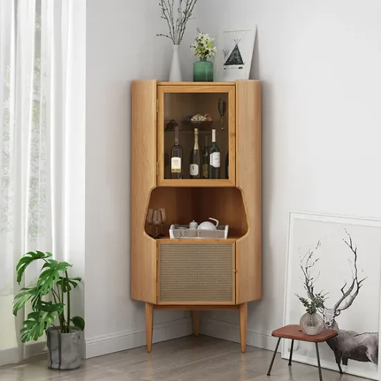 صورة Natural Corner Cabinet 2-Door Bar Cabinet with Hutch & Shelf Rattan Woven