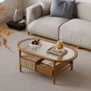 صورة Nature Wood Glass Coffee Tables Rattan Leisure with 4 Drawers