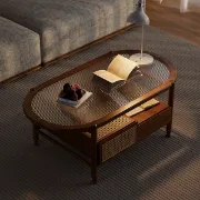 صورة Nature Wood Glass Coffee Tables Rattan Leisure with 4 Drawers
