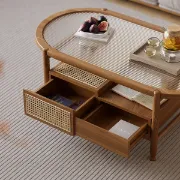 صورة Nature Wood Glass Coffee Tables Rattan Leisure with 4 Drawers