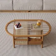 صورة Nature Wood Glass Coffee Tables Rattan Leisure with 4 Drawers